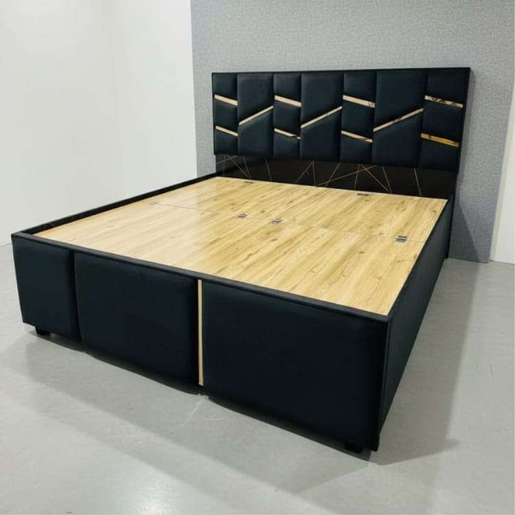Navy Blue King Size Bed with Designerr Headboard and Storage